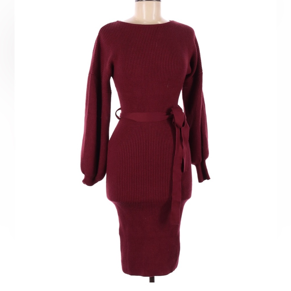 Lulus NWT tie bodycon maroon red sweater dress